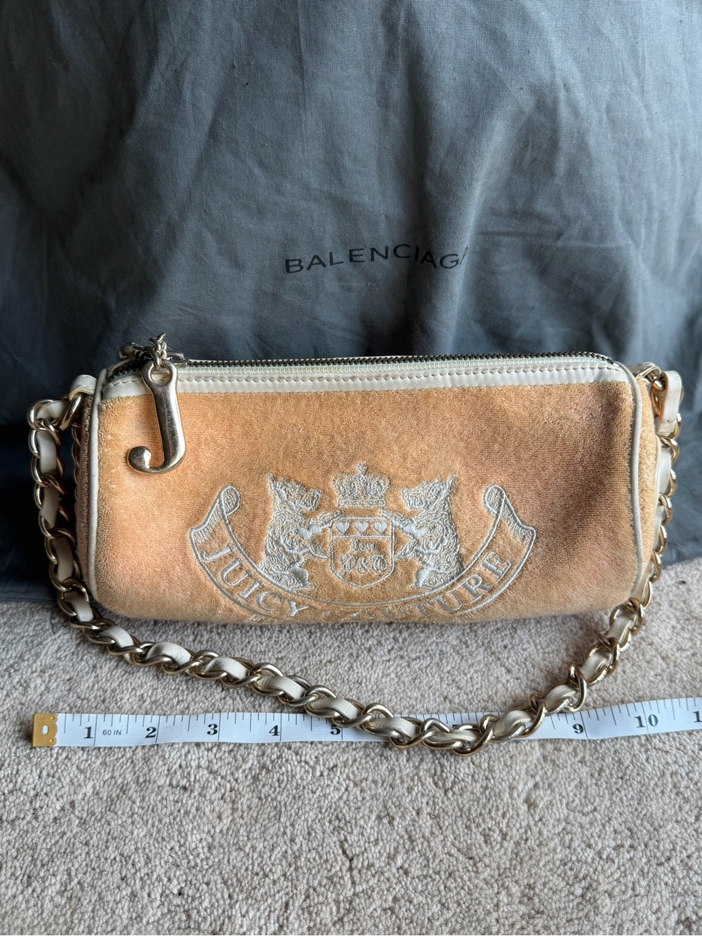 Juicy Couture Tan Suede Chain Wristlet with Embroidered Crest